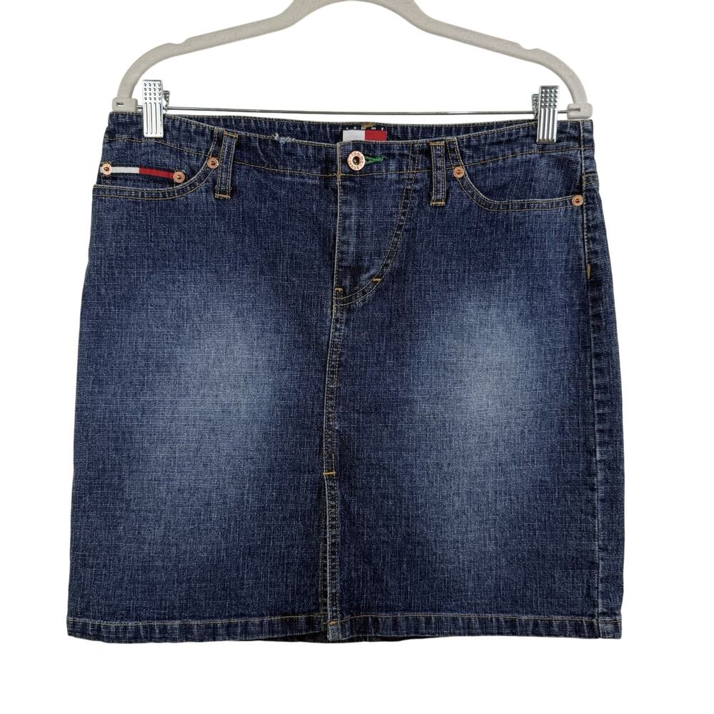 Y2K Vintage Tommy Jeans Denim Mini Skirt Size 13 Medium Wash Embroidered Pockets